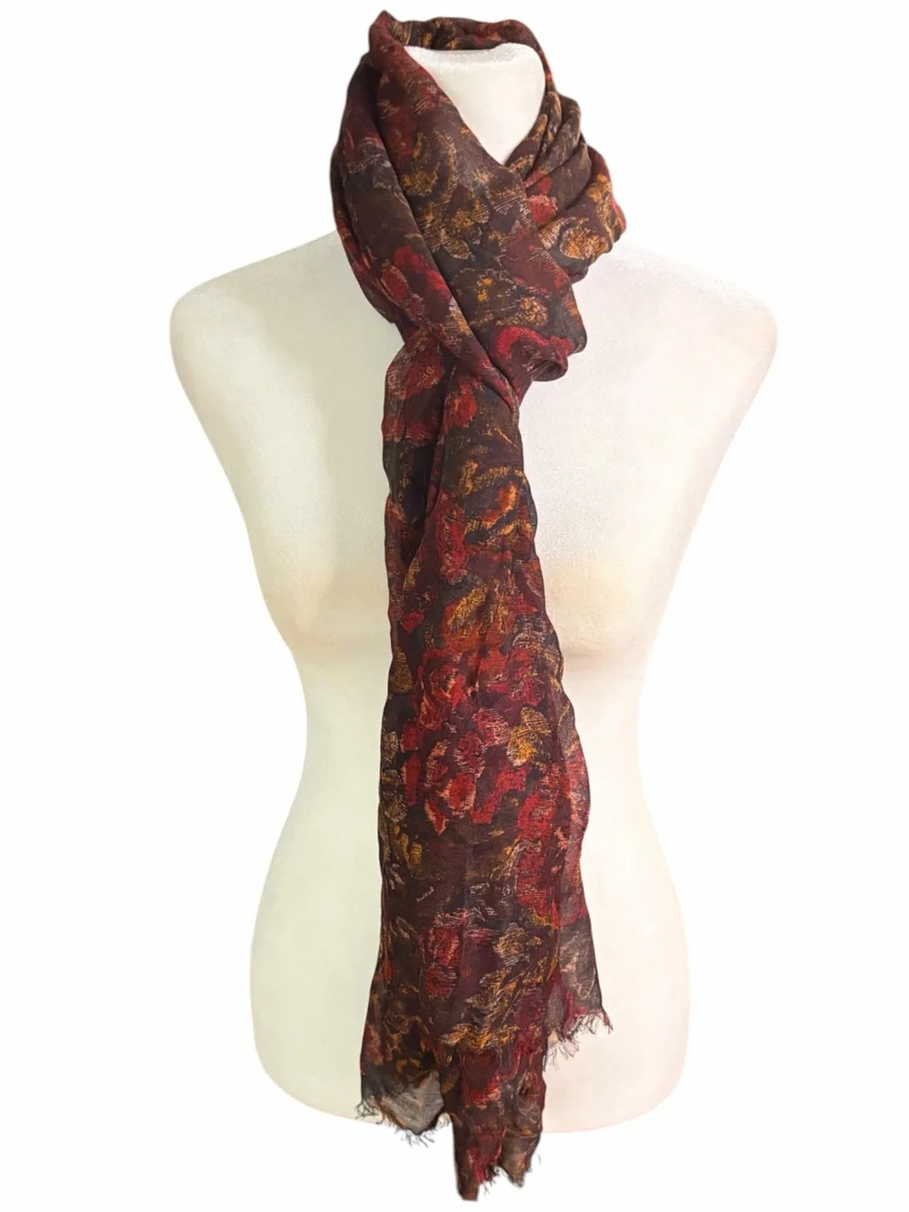 Patricia Nash Brown Scarf with Red and Gold Floral Print